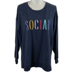 Wildfox Sweatshirt Top Navy Blue XL Multi-Color Embroidered Lettering Social